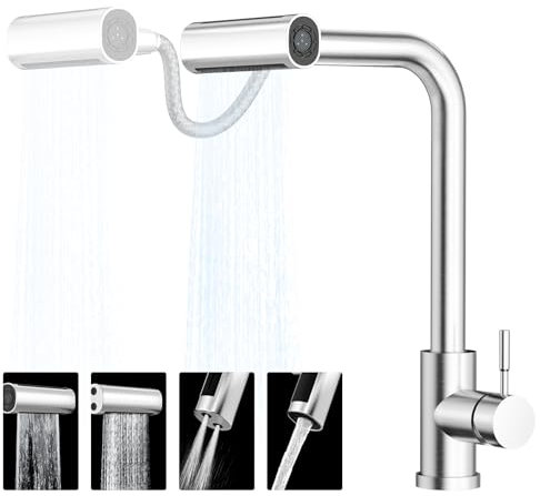 Wasserhahn Küche mit 4 Sprühmodus, LADOKEE Mischbatterie Küche 360° Schwenkbar mit G3/8 Anschluss, Küchenarmatur mit Brause Küchenarmatur, Wasserhahn Ausziehbar, Spülarmaturen Küche, Edelstahl