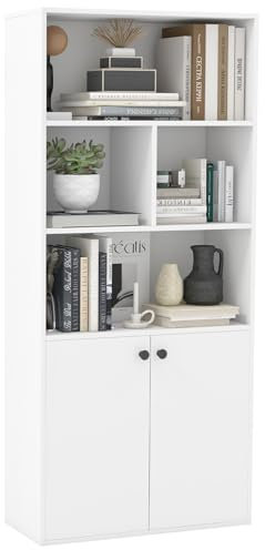 COSTWAY Wooden Bookcase, 155cm Tall Bookshelf with 4 Open Cubes, 2-Door Cabinet, 5-Level Adjustable Shelf & Non-toppling Kit, Freestanding Shelving Unit Display Rack for Living Room Office