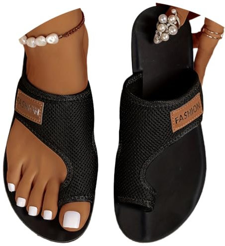 Onsoyours Sandales Plates Femme Été Hallux Valgus Tongs Confortable Maille Nu Pieds Bout Ouvert Chaussures Vintage Sandales Pantoufles de Plage Vacances Slippers A Noir 38 EU