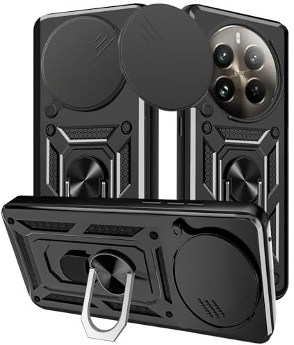 Yutwo Funda para Realme 12 Pro Plus Carcasa, Protección de la Cámara Carcasa con Cubierta de Cámara Deslizante y Soporte de Anill Anti-Choque Carcasa para Realme 12 Pro Plus/12 Pro – Negro