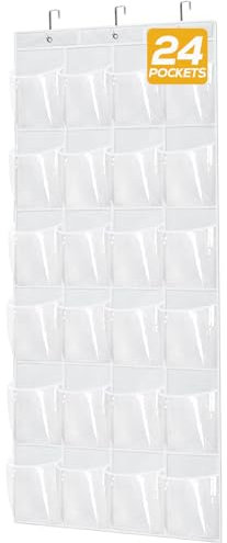 Bonison Over the Door Shoe Organizer 24 Pockets - Hanging Shoe Rack, Door Shoe Shoe Pantry Closet Cabinet wardrobe with Hooks 64.2 x 18.9 White