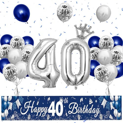 XIEXIESHER 40 Geburtstag Deko, Blau Silber Luftballons 40. Dekoration Set, Partydeko mit Kronenballon und Banner 40 mann, für Männer Frauen Party Deko 40.