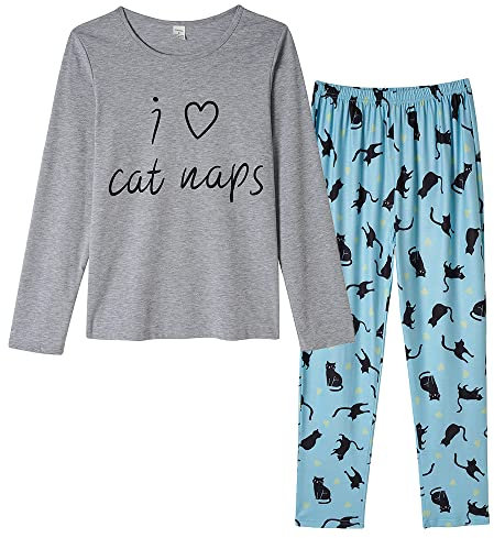 MyFav Pyjamas für Frauen Rundhalsausschnitt Langarm Schlafanzug Niedliche Katze Druck Nachtwäsche Weiche Pjs Lounge Sets,Grau Blau,XS