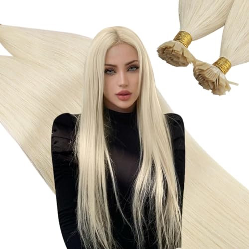 Ugeat Bonding Extensions Echthaar Blond für Kurz 35 cm Flat Tip Extensions Echthaar Bondings Platinblond Natürlich Keratin Haarverlängerung für Party 50g 50s #60