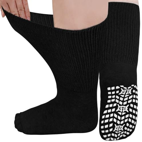 LOFIR Diabetiker Socken Herren Damen: Diabetikersocken Ohne Gummibund Baumwolle Herren ABS Socken Extra Breiter Gürtel Ohne Naht Antirutsch StopperSocken für Geschwollene Füße Schwarz 3 Paare 47-50