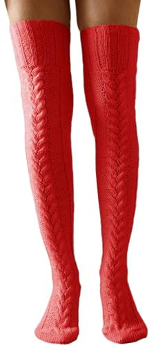Women Winter Cable Knit Thigh High Socks Solid Color Fluffy Over Knee Stocking Winter Sweater Leg Warmers (A-Red, ONE SIZE)