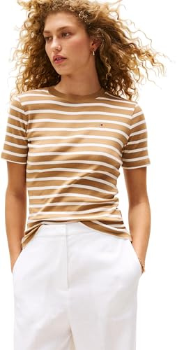 Tommy Hilfiger Damen T-Shirt Kurzarm Slim Cody Rundhalsausschnitt, Mehrfarbig (Hickory/Ecru STP), L
