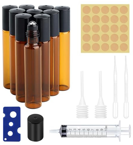 12 Piezas Marrón Botellas Rollon Cristal, 10ml Botella Roll On de Vidrio con Bola de Acero Inoxidable, Rellenable Botellas de Rodillo Aceites Esenciales para Perfumes Masajes Aromaterapia