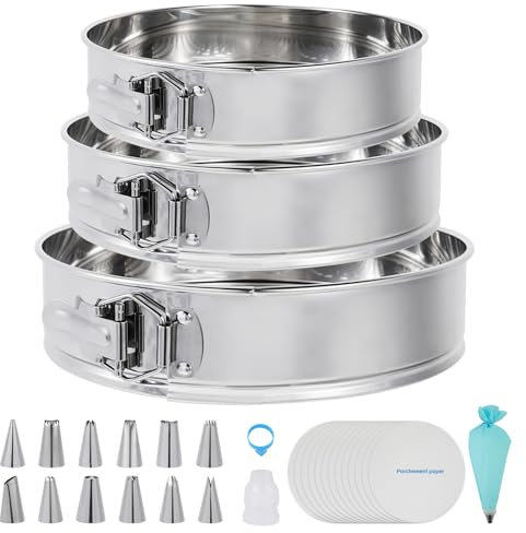 Aufind Springform Pan Set for Baking (7,9,10inches), 304 Stainless Steel Springform Cake Pan with Removable Bottom, Cheesecake Pan with 50PCS Parchment Paper for Pie Cake Pizza and Quiches