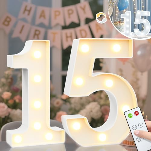 LED Zahlen Lampe Nummer Beleuchtete Ziffern 15. Geburtstag Dekorationen für Mädchen, Leuchtzahlen für Happy Birthday Party Deko, Hochzeitsdeko, Fernbedienung Wand Tisch Dekor – Warmes & Kaltes Weiß 15
