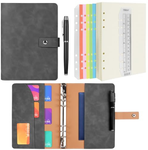 ANOMM A5 Ringbuch PU Leder Notizbuch, Notebook Binder, Nachfüllbares Notizbuch mit A5 Punktrasterpapier, Innentaschen und Registerteiler, Ordner Planer für Reisen Arbeit Schule Personal Organizer-Grau