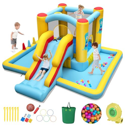COSTWAY 7 en 1 Château Gonflable avec Souffleur 450W & Toboggan & Maison de Saut, Aire de Jeux Gonflable avec Piscine & Panier de Basketball, 50 Balles Océaniques pour 3-10 Ans, Charge 90kg
