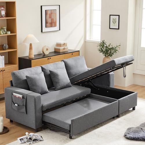 Schlafsofa Ecksofa mit Schlaffunktion und Bettkasten, Eckcouch Universelle Seite, Sofa L Form (BxTxH) 231 x 140 x 85 cm, Polstersofa Ecke Sofa mit Seitentaschen und Kissen, Couch Wohnzimmer,Dunkelgrau
