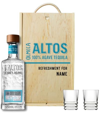 Personalised Olmeca Altos Tequila Gift Set with Shot Glasses – Alcohol Present for Men or Women – 70cl Bottle (38% ABV) in Engraved Wooden Keepsake Box – Tequila Gift for Him or Her