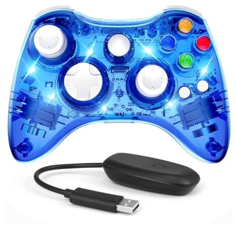 PAWHITS Wireless Xbox 360 Controller with Cool LED, Compatible with Microsoft Xbox 360 & PC (Windows 11/10/8/7), Upgraded Joystick & Dual Vibration Gamepad with Receiver (Transparent blue)