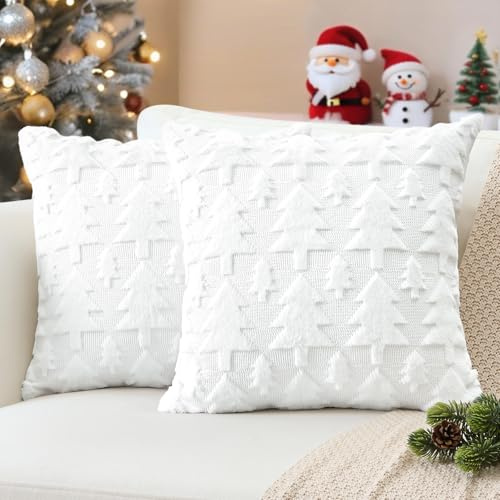 JOTOM Set di 2 fodere decorative per Natale, in peluche con lana corta, fodere decorative per cuscino a forma di albero di Natale, fodere per cuscino per divano, decorazioni natalizie per soggiorno e