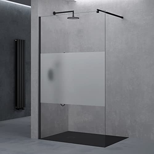 doporro Walk-In Duschwand 130x200cm Duschabtrennung 8mm ESG-Sicherheitsglas | Milchglas-Streifen Duschwand mit Nanobeschichtung | Aluminiumrahmen in Schwarz | Bremen01MS