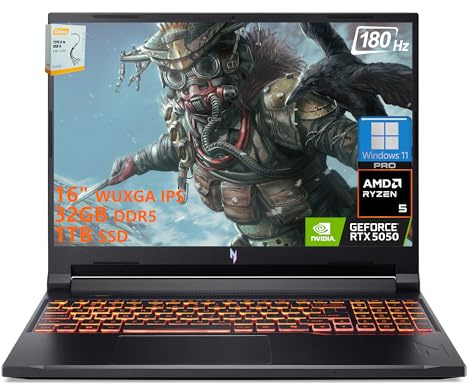 Acer Nitro V 16 AI Gaming Laptop | 16 pulgadas WUXGA IPS 180Hz | AMD 6-Core Ryzen 5 240 | 32GB DDR5 1TB SSD | GeForce RTX 5050 8GB DLSS4 (hasta 440 tapas AI) | Teclado retroiluminado Win11 Pro con