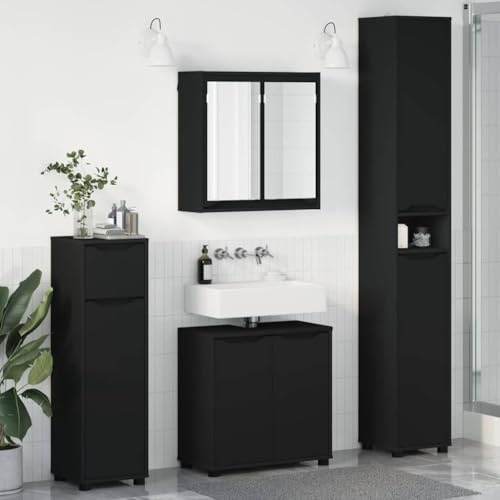 QJBSAVVA 4-teiliges Badezimmermöbel-Set Schwarz Holzwerkstoff mit Spiegel Hochschrank 60x20x60 cm Moderner Waschbeckenunterschrank Höhenverstellbar für kleine Bäder und Gäste WC