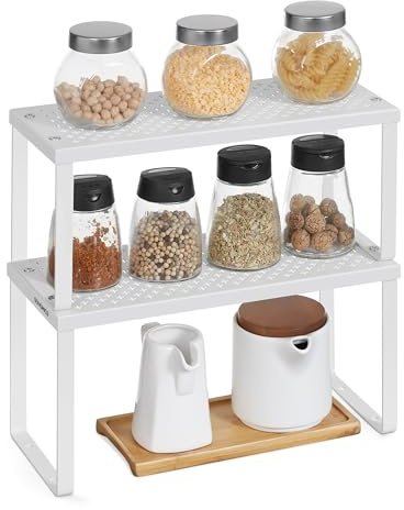 SONGMICS Set of 2 Spice Rack, Stackable, Expandable Cupboard Organisers | Kitchen Storage, Steel Counter Shelves, Matte White, BEQUE Collection KCS003W01