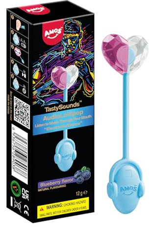 AMOS TastySounds Blueberry Audio Music Lollipop, Vegan Sucker Sugar Free | Interactive Bone Conduction Sound Singing Candy, Ideal Novelty Gift for Party, Kids Stocking Stuffer, Individually Wrapped