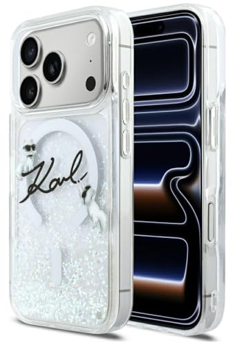 CG MOBILE Karl Lagerfeld Flüssigglitzer Karl Script Log kompatibel mit MagSafe Hülle für iPhone 17 Pro (Transparent)