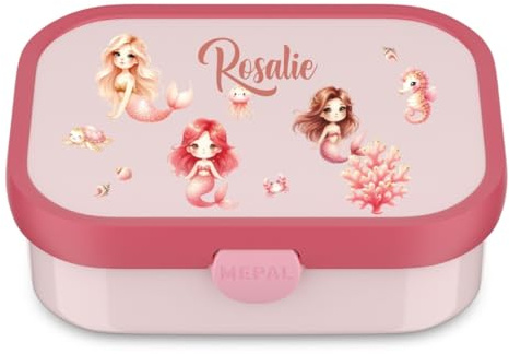 Mepal Brotdose Kinder personalisiert, Lunch Box mit Fächern, Brotzeitdose Campus mit Name bunter Aufdruck Meerjungfrau (pink)
