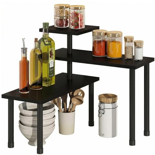 Eckregal Küche Organizer Küchenregal Klein 3Stöckiges Verstellbares Schwarz | Küche Arbeitsplatte Tischregal Verstellbar Gewürzregal Stehend Küchenorganizer Regal für Esszimmer Küchen Badezimmer