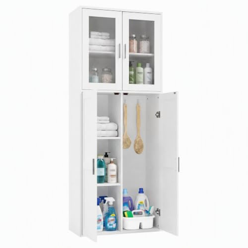 1 Pieza Armario de Cocina, Armario Escobero Exterior para Escobas Aparador Alto Estante con Puertas y Estante Ajustable Armarios para Baño/Cocina/Sala de Estar/Comedor/Pasillo/Blanco/65×30×165CM