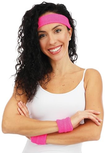 P'tit Clown - Set Bandeau et Poignets Éponge - Adulte - Accessoire Déguisement Fluo - Pour Compléter Costume Carnaval, Fête Costumée, Thème Rétro, Danse Années 80 (Rose fluo)