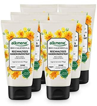 alkmene Handkonzentrat mit Bio Calendula - Reichhaltige Handcreme für sehr trockene Hände & rissige Hände - vegane Creme ohne Silikone, Parabene, Mineralöl, PEGs, SLS & SLES im 6er Pack (6x 75 ml)