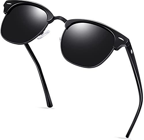 KANASTAL Halbrahmen Sonnenbrille Herren und Damen Klassische Retro Polarisiert Halbrand Sonnenbrille UV400 Schutz mit Metallrahmen, Glänzend Schwarz Rahmen Schwarz Gläser
