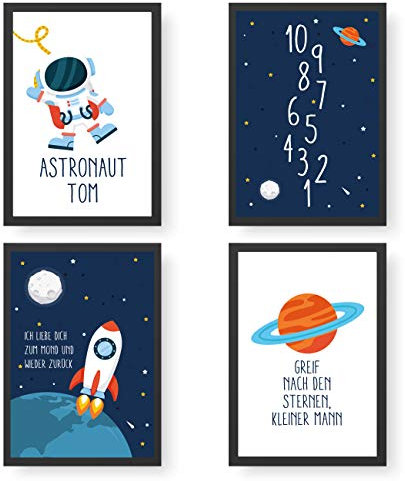 Papierdrachen 4 Premium Poster DIN A4 | Personalisierte Wandbilder für Kinderzimmer - Weltall - hochwertige individualisierbare Kunstdrucke | Dekoration | Wandbild mit Namen