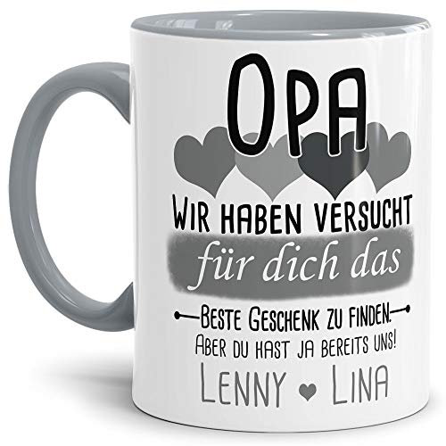 Tassendruck Geschenk Tasse mit Spruch PERSONALISIERT - Bestes Geschenk für Opa von Enkelkindern - Kaffee-Tasse/Geschenkidee Geburtstag Vatertag/Vatertagsgeschenk - Innen & Henkel Grau