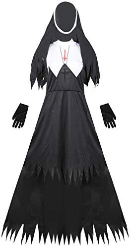 PRETYZOOM Horror Halloween Nonne Kostü Gruselige Scary Kleid mit Schleier für Damen Fasching Karneval Robe Pastor Priester Cosplay Zombie Vampir Verkleidung