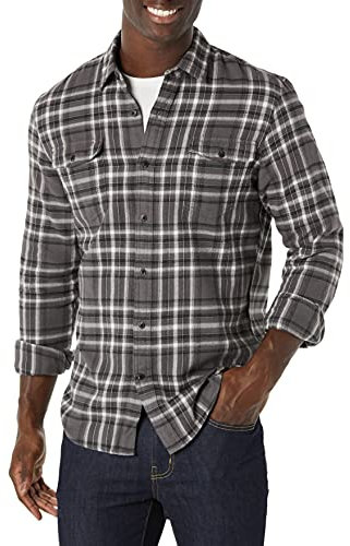Amazon Essentials Chemise en Flanelle, à Manches Longues, Deux Poches, Coupe Ajustée Homme, Gris Écossais, XXL