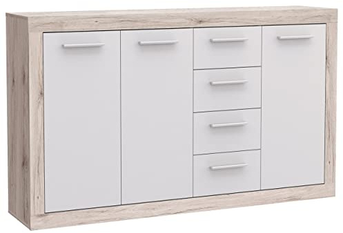 Newroom Kommode Sandeiche Sideboard mit Schubladen weiß Wohnzimmer Flur | zweifarbig mit Holzmaserung, 3 Türen 4 Fächer, Bügelgriffe silber, Highboard Schlafzimmer, Komodenschrank modern