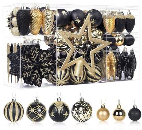 SHareconn 106pcs Christmas Baubles Ornaments Set,Shatterproof Plastic Decorative Baubles for christmas tree decorations, Holiday Wedding Party Decoration with Hooks Included, Black & Gold