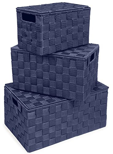 EHC Storage Boxes With Lid Set of 3, Storage baskets for shelves Woven, Storage Organiser Hamper Baskets, Navy Blue