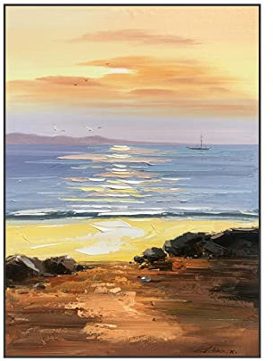 AERK Ölbilder Auf Leinwand Handgemalt,Original Handgemalte Coole Gemälde Moderne Abstrakte Sonnenuntergang Strandlandschaft Rahmenlose Strukturierte Kunstwerke Extra Große Wandkunst Für Wohnzimm