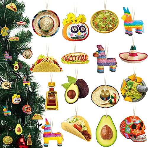 32 Pcs Christmas Wooden Ornaments Cinco De Mayo Ornaments for Tree Pinata Tequila Bottle Avocado Guacamole Ballpark Foods Hot Dog Pizza Pinata Taco Day of The Dead Ornaments for Christmas Tree Decor
