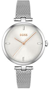 BOSS Analog Quarzuhr für Damen Kollektion Majesty mit Silbernes Edelstahl-Mesh-Gliederarmband - 1502653