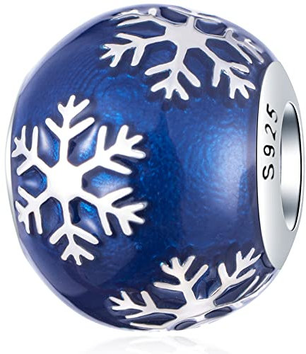 Winter Schneeflocke Charms passen Pandora Weihnachtsarmband, 925 Sterling Silber Blau Emaille Winterfreude Sammlung Runde wie Fußball Ball Perlen, Geschenk für Freundin/Frau/BFF