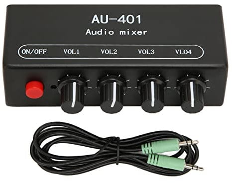 4 Channel Mini Audio Line Mixer, 4 in 1 Out Stereo Mixer 3.5mm Input, Low Noise DC 5V DJ Podcast Sound Mixer for Headphone Amplifier PC