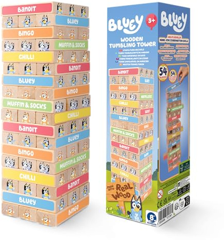 Bluey 8th Wonder Stackable Tumbling Tower Game, Robust Wooden Stacking Game with 54 Illustrated Colored Blocks, Fun Balancing Toy for Kids Ages 3+