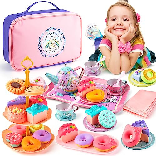 Juboury Juego de té para niñas pequeñas, juego de tetera de lata con postre, dona, soporte para tartas, mantel y funda de transporte, juguete de simulación de cocina para niñas de 3, 4, 5, 6 años