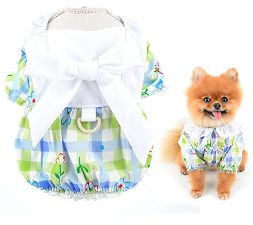 SMALLLEE_LUCKY_STORE Pet Cute Bow Floral Plaid Sundress Puppy Harness Dress with D-ring for Small Dog Cat Girls Yorkie Chihuahua Teacup Summer Clothes,Blue,XL