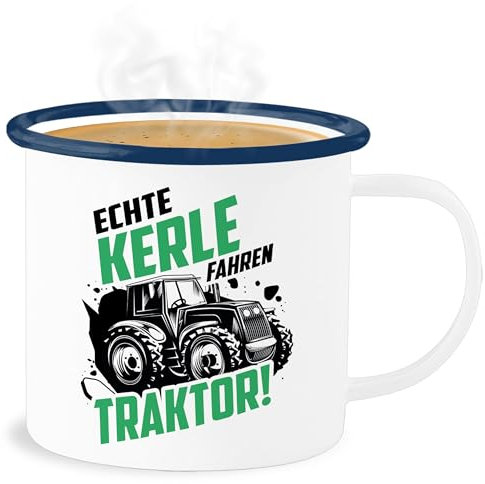 Emaille Becher Blechbecher - Traktoren - Tassen - Echte Kerle fahren Traktor Trecker Landwirt Bauer Geschenk - 300 ml - Weiß Blau - landwirtschaft landwirte tasse traktorfan männer bauern traktor,
