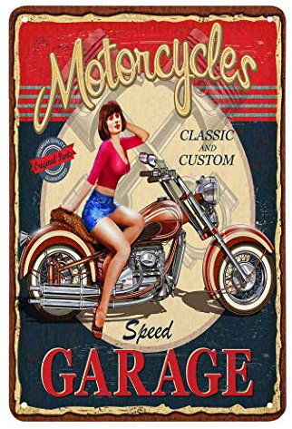Plaque rétro en métal drôle Pin Up Girl Motorcycle,Speed Garage Sex Women Site on Motor Red Blue Bars Shopatives Men Women Sign for Home Cave Garage Bar Wall Decoration Sign Sign 20,3 x 30,5 cm