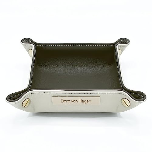 Doro von Hagen® Echt Leder Designer Schlüsselschale/Kleiner Taschenleerer 14x14cm, aussen Creme innen Olive dunkel. Handgefertigt in unserem Atelier